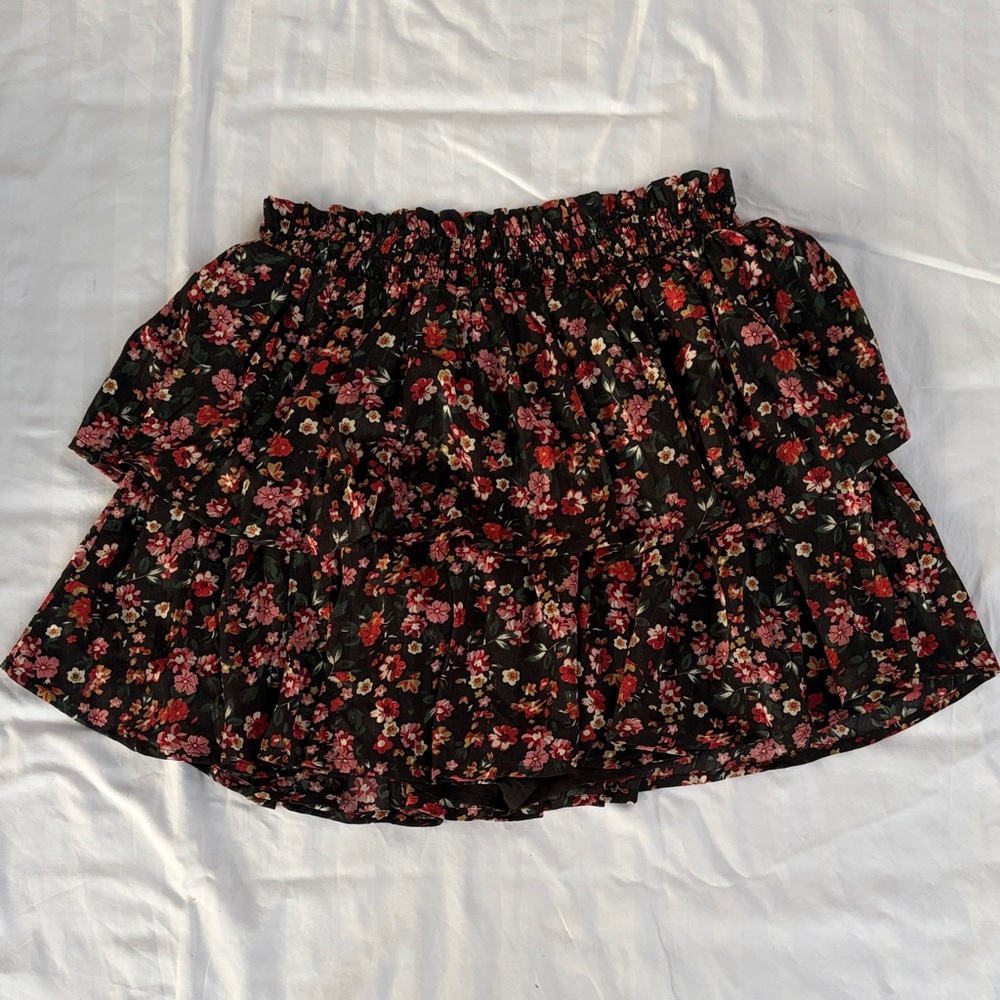 Pink Lily Black Floral Ruffled Mini Skirt with Pink & Red Blooms